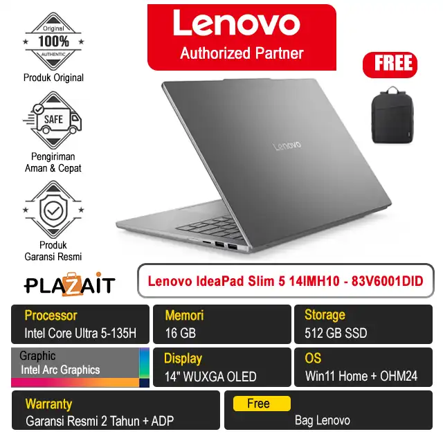 Lenovo IdeaPad Slim 5 14IMH10 - 83V6001DID /Intel Core Ultra 5-135H/16GB/512GB SSD/Intel Arc Graphics/14" WUXGA OLED/Win 11 Home+OH24+M365/Luna Grey/2Y
