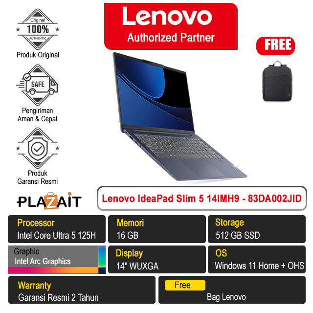 Lenovo IdeaPad Slim 5 14IMH9 - 83DA002JID /Intel Core Ultra 5 125H/16GB/512GB SSD/Intel Arc Graphics/14″ WUXGA/Win 11 Home+OHS 2021/Abyss Blue/2Y