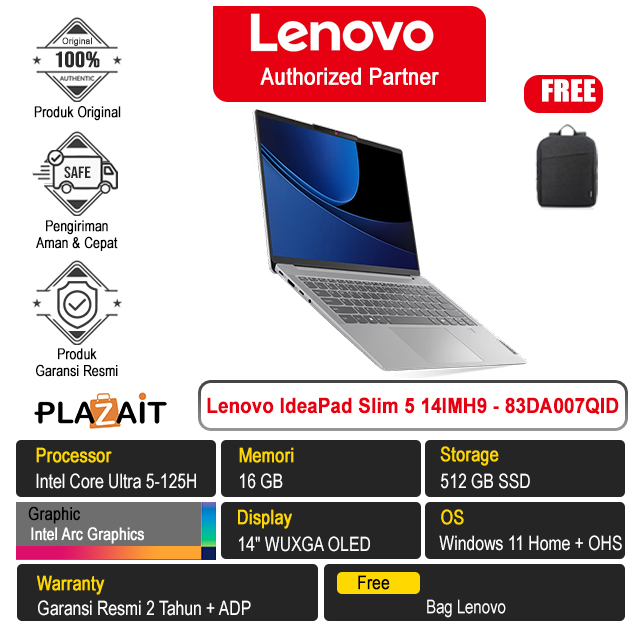 Lenovo IdeaPad Slim 5 14IMH9 - 83DA007QID /Intel Core Ultra 5-125H/16GB/512GB SSD/Intel Arc Graphics/14″ WUXGA OLED/Win 11 Home+OHS 2021/Cloud Grey/2Y