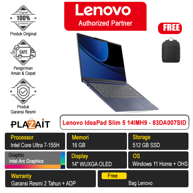 Lenovo IdeaPad Slim 5 14IMH9 - 83DA007SID /Intel Core Ultra 7-155H/16GB/512GB SSD/Intel Arc Graphics/14″ WUXGA OLED/Win 11 Home+OHS 2021/Abyss Blue/2Y