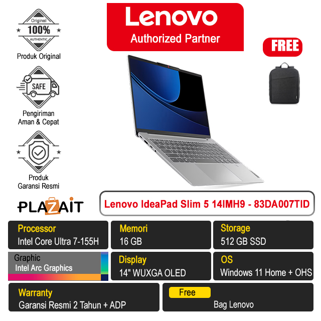 Lenovo IdeaPad Slim 5 14IMH9 - 83DA007TID /Intel Core Ultra 7-155H/16GB/512GB SSD/Intel Arc Graphics/14″ WUXGA OLED/Win 11 Home+OHS 2021/Cloud Grey/2Y