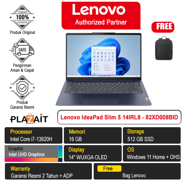 Lenovo IdeaPad Slim 5 14IRL8 - 82XD008BID /Intel Core i7-13620H/16GB/512GB SSD/Intel UHD Graphics/14″ WUXGA OLED/Win 11 Home+OHS 2021/Abyss Blue/2Y