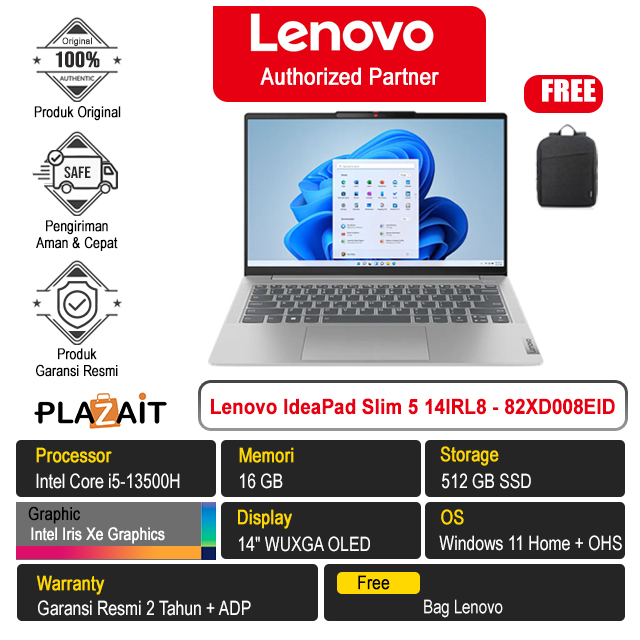 Lenovo IdeaPad Slim 5 14IRL8 - 82XD008EID /Intel Core i5-13500H/16GB/512GB SSD/Intel Iris Xe Graphics/14″ WUXGA OLED/Win 11 Home+OHS 2021/Cloud Grey/2Y