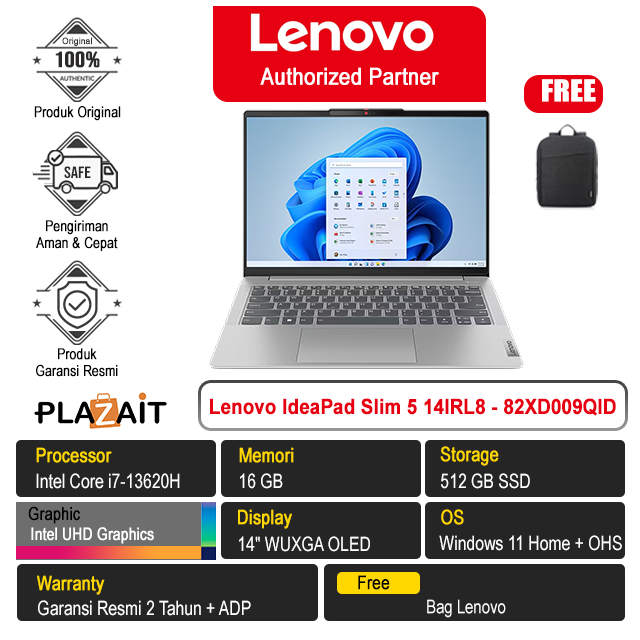 Lenovo IdeaPad Slim 5 14IRL8 - 82XD009QID /Intel Core i7-13620H/16GB/512GB SSD/Intel UHD Graphics/14″ WUXGA OLED/Win 11 Home+OHS 2021/Cloud Gray/2Y