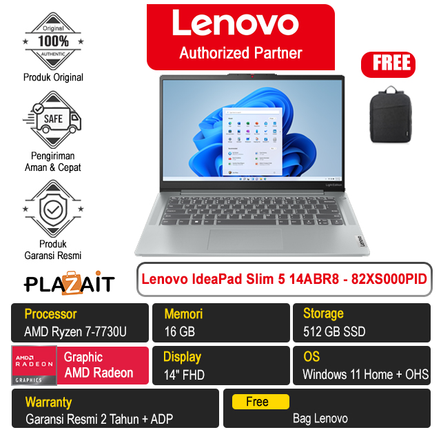 Lenovo IdeaPad Slim 5 Light 14ABR8 - 82XS000PID /AMD Ryzen 7-7730U/16GB/512GB SSD/AMD Radeon Graphics/14″ FHD/Win 11 Home+OHS 2021/Cloud Grey/2Y