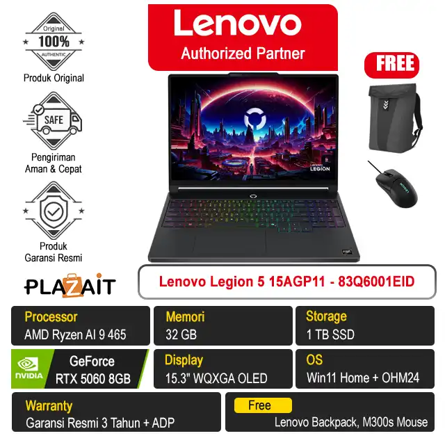 Lenovo Legion 5 15AGP11 - 83Q6001EID /AMD Ryzen AI 9 465/32GB/1TB SSD/RTX5060 8GB/15.3" WQXGA/Win 11 Home+OH24+M365/Eclipse Black/3Y