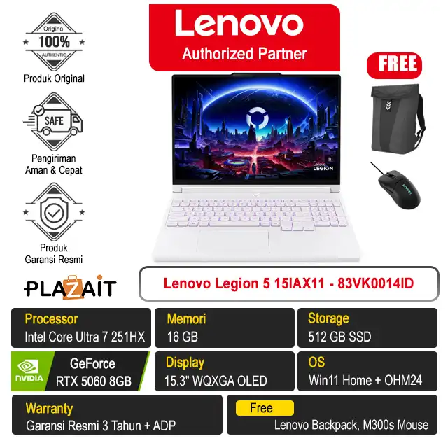 Lenovo Legion 5 15IAX11 - 83VK0014ID /Intel Core Ultra 7-251HX/16GB/512GB SSD/RTX5060 8GB/15.3" WQXGA/Win 11 Home+OH24+M365/Glacier White/3Y