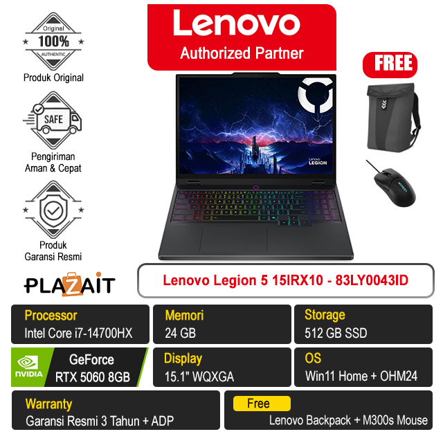 Lenovo Legion 5 15IRX10 - 83LY004RID /Intel Core i7-14700HX/24GB/512GB SSD/RTX5050 8GB/15.1" WQXGA/Win 11 Home+OH24+M365/Eclipse Black/3Y