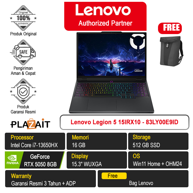 Lenovo Legion 5 15IRX10 - 83LY00E9ID /Intel Core i7-13650HX/16GB/512GB SSD/RTX5050 8GB/15.3" WUXGA/Win 11 Home+OH24+M365/Eclipse Black/3Y