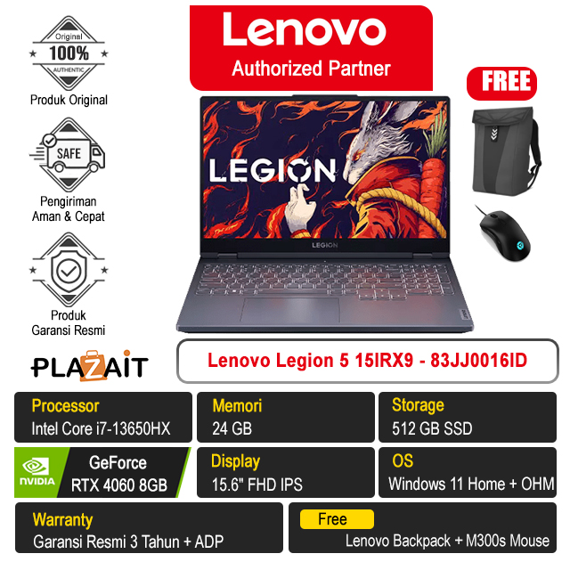 Lenovo Legion 5 15IRX9 - 83JJ0016ID /Intel Core i7-13650HX/24GB/512GB SSD/RTX4060 8GB/15.6" FHD/Win 11 Home+OHM 2024/Storm Grey/3Y