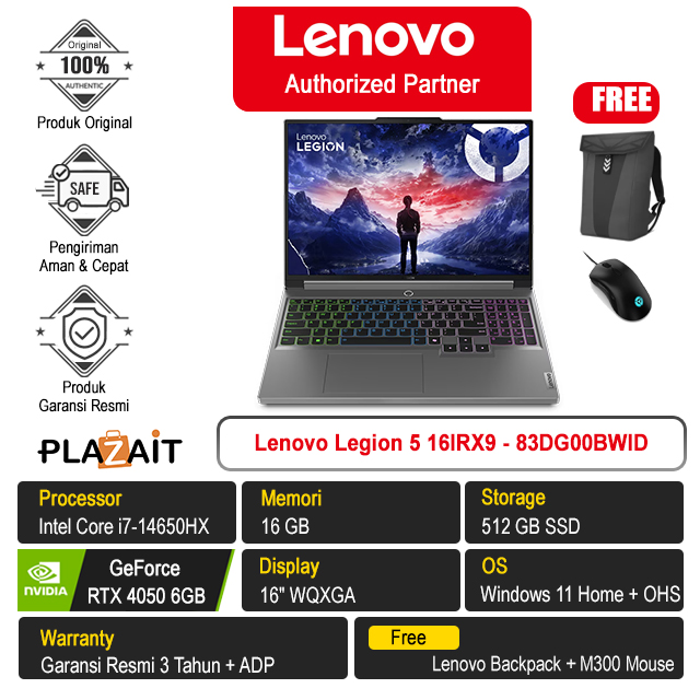 Lenovo Legion 5 16IRX9 - 83DG00BWID /Intel Core i7-14650HX/16GB/512GB SSD/RTX4050 6GB/16″ WQXGA/Win 11 Home+OHS 2021/Luna Grey/3Y