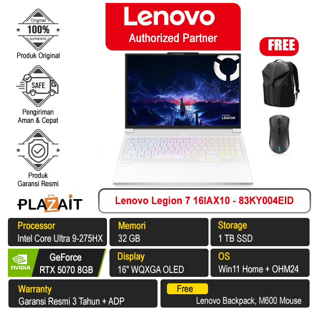 Lenovo Legion 7 16IAX10 - 83KY004EID /Intel Core Ultra 9-275HX/32GB/1TB SSD/RTX5070 8GB/16" WQXGA/Win 11 Home+OH24+M365/Glacier White/3Y