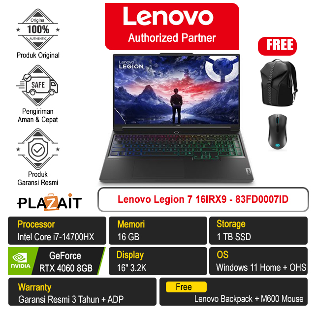 Lenovo Legion 7 16IRX9 - 83FD0007ID /Intel Core i7-14700HX/16GB/1TB SSD/RTX4060 8GB/16″ 3.2K/Win 11 Home+OHS 2021/Eclipse Black/3Y