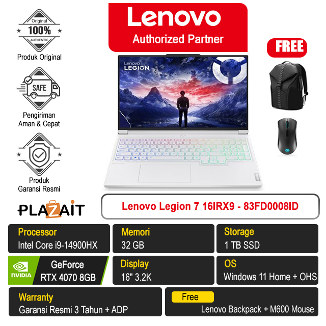 Lenovo Legion 7 16IRX9 - 83FD0008ID /Intel Core i9-14900HX/32GB/1TB SSD/RTX4070 8GB/16″ 3.2K/Win 11 Home+OHS 2021/Glacier White/3Y
