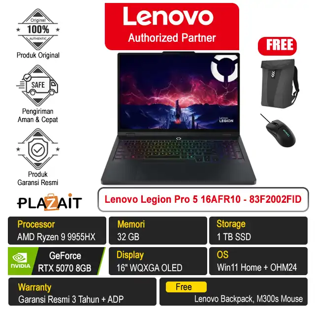 Lenovo Legion Pro 5 16AFR10 - 83F2002FID /AMD Ryzen 9 9955HX/32GB/1TB SSD/RTX5070 8GB/16" WQXGA OLED/Win 11 Home+OH24+M365/Eclipse Black/3Y