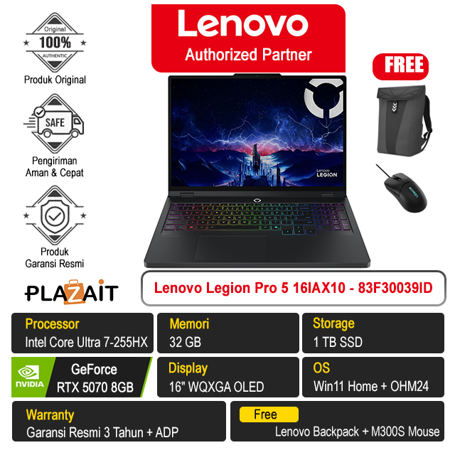 Lenovo Legion Pro 5 16IAX10 - 83F30039ID /Intel Core Ultra 7-255HX/32GB/1TB SSD/RTX5070 8GB/16" WQXGA/Win 11 Home+OH24+M365/Eclipse Black/3Y