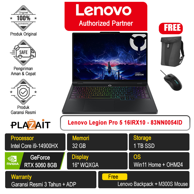Lenovo Legion Pro 5 16IRX10 - 83NN0054ID /Intel Core i9-14900HX/32GB/1TB SSD/RTX5060 8GB/16" WQXGA/Win 11 Home+OH24+M365/Eclipse Black/3Y