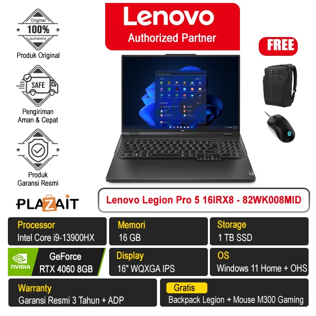 Lenovo Legion Pro 5 16IRX8 - 82WK008MID /Intel Core i9-13900HX/16GB/1TB SSD/RTX4060 8GB/16″ WQXGA/Win 11 Home+OHS 2021/Onyx Grey/3Y