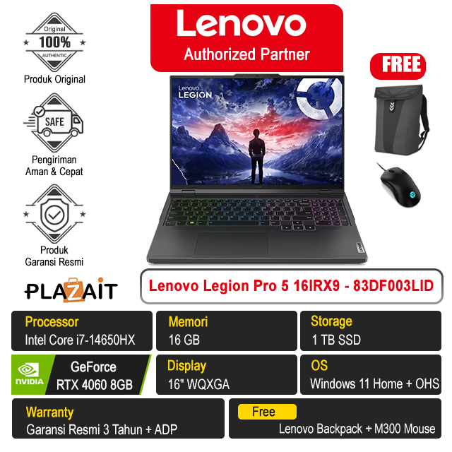 Lenovo Legion Pro 5 16IRX9 - 83DF003LID /Intel Core i7-14650HX/16GB/1TB SSD/RTX4060 8GB/16″ WQXGA/Win 11 Home+OHS 2021/Onyx Grey/3Y