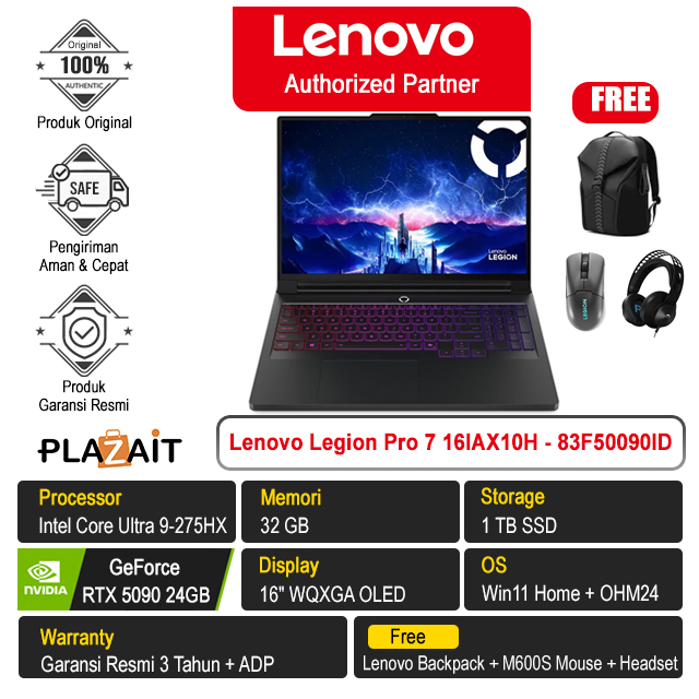 Lenovo Legion Pro 7 16IAX10H - 83F50090ID /Intel Core Ultra 9-275HX/32GB/1TB SSD/RTX5090 24GB/16" WQXGA/Win 11 Home+OH24+M365/Eclipse Black/3Y