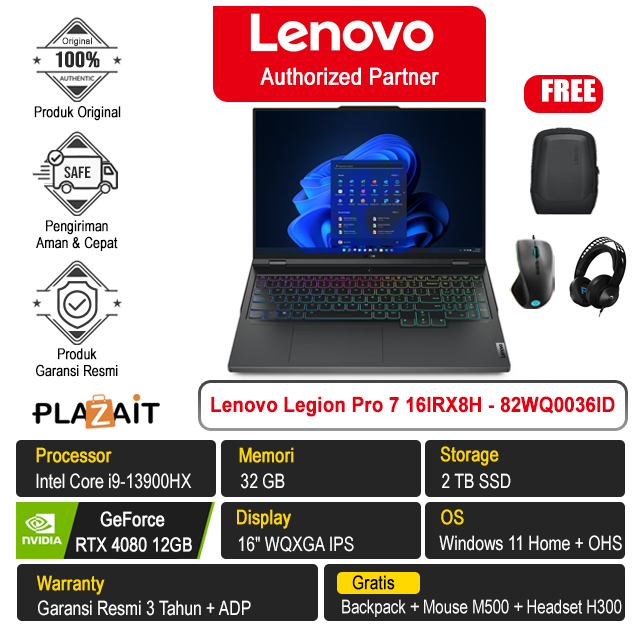 Lenovo Legion Pro 7 16IRX8H - 82WQ0036ID /Intel Core i9-13900HX/32GB/2TB SSD/RTX 4080 12GB/16" WQXGA/Win 11 Home+OHS 2021/Onyx Grey/3Y