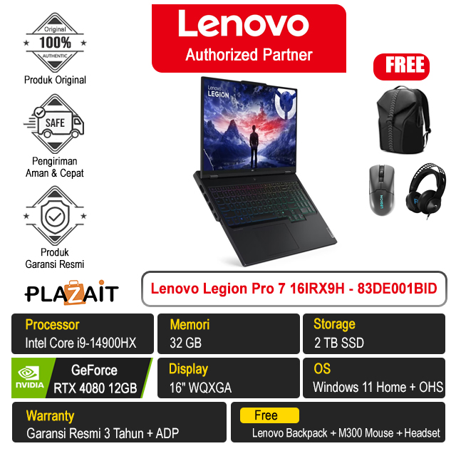 Lenovo Legion Pro 7 16IRX9H - 83DE001BID /Intel Core i9-14900HX/32GB/2TB SSD/RTX4080 12GB/16″ WQXGA/Win 11 Home+OHS 2021/Eclipse Black/3Y