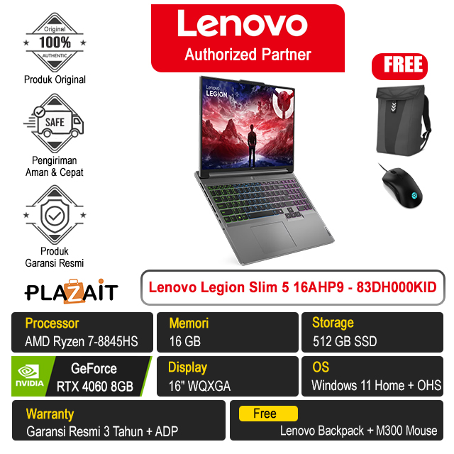 Lenovo Legion Slim 5 16AHP9 - 83DH000KID /AMD Ryzen 7-8845HS/16GB/512GB SSD/RTX4060 8GB/16″ WQXGA/Win 11 Home+OHS 2021/Luna Grey/3Y