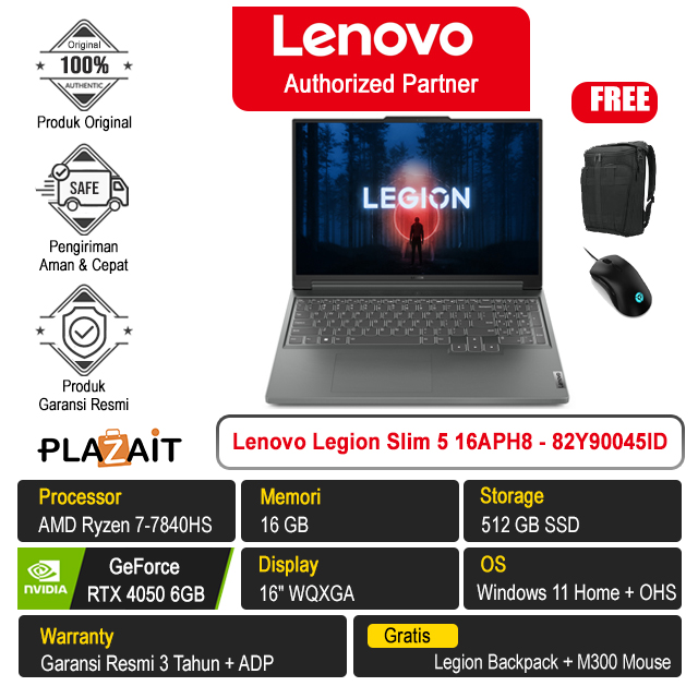 Lenovo Legion Slim 5 16APH8 - 82Y90045ID /AMD Ryzen 7-7840HS/16GB/512GB SSD/RTX4050 6GB/16″ WQXGA/Win 11 Home+OHS 2021/Storm Grey/3Y
