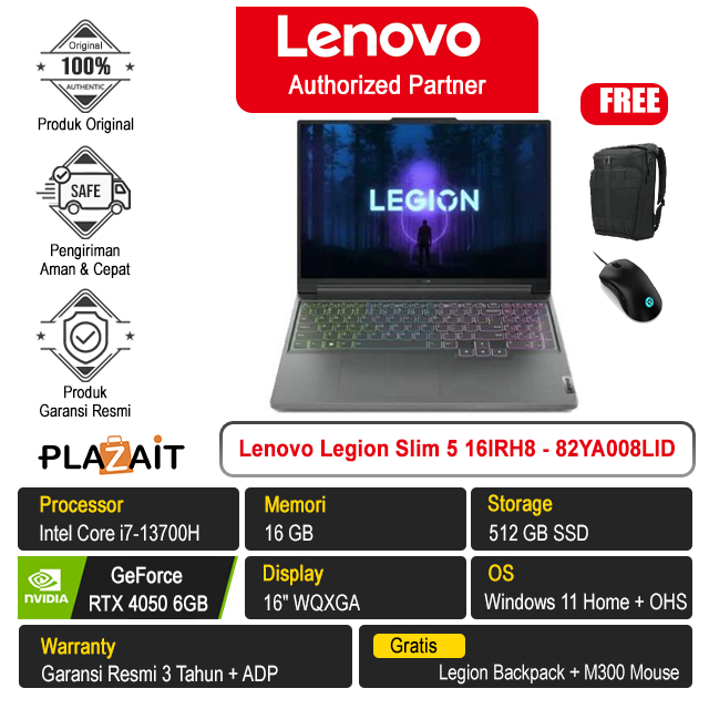 Lenovo Legion Slim 5 16IRH8 - 82YA008LID /Intel Core i7-13700H/16GB/512GB SSD/RTX4050 6GB/16″ WQXGA/Win 11 Home+OHS 2021/Storm Grey/3Y