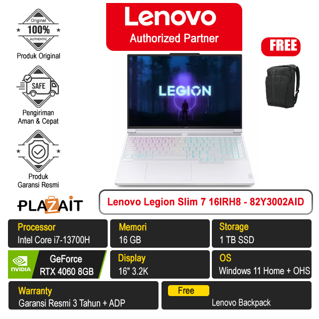 Lenovo Legion Slim 7 16IRH8 - 82Y3002AID /Intel Core i7-13700H/16GB/1TB SSD/RTX4060 8GB/16″ 3.2K/Win 11 Home+OHS 2021/Glacier White/3Y