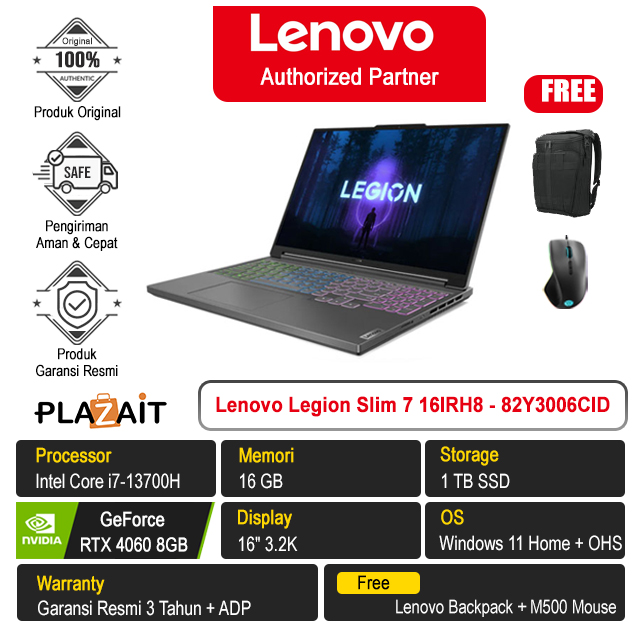 Lenovo Legion Slim 7 16IRH8 - 82Y3006CID /Intel Core i7-13700H/16GB/1TB SSD/RTX4060 8GB/16″ 3.2K/Win 11 Home+OHS 2021/Storm Grey/3Y
