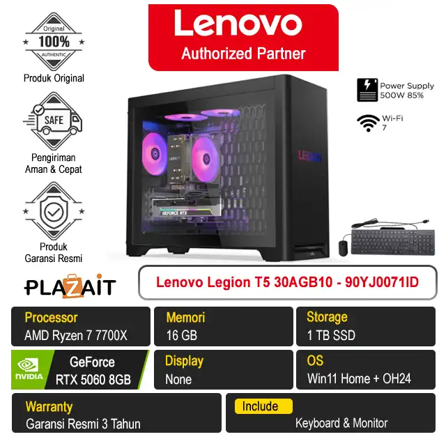PC Lenovo Legion T5 30AGB10 - 90YJ0071ID /AMD Ryzen 7-7700X/16GB/1TB SSD/RTX5060 8GB/Win 11 Home+OH24/Eclipse Black/3Y