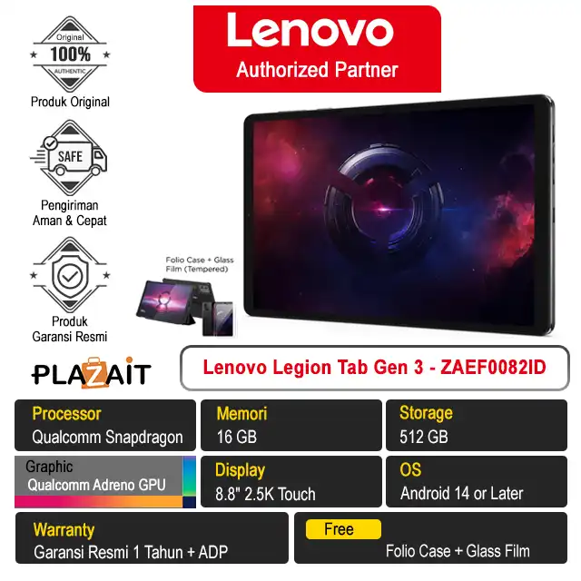 Lenovo Legion Tab Gen 3 - ZAEF0082ID /Qualcomm Snapdragon 8/16GB/512GB/Qualcomm Adreno/8.8" 2.5K Touch/Android 14/Eclipse Black/1Y