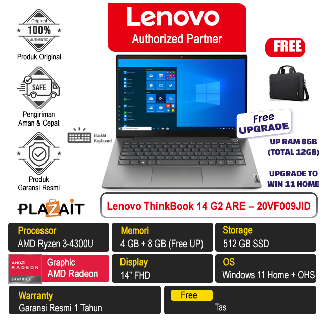 Lenovo ThinkBook 14 G2 ARE – 20VF009JID /AMD Ryzen 3-4300U/12GB/512GB SSD/AMD Radeon Graphics/14″ FHD/Win 11 Home+OHS 2019/Mineral Grey/1Y