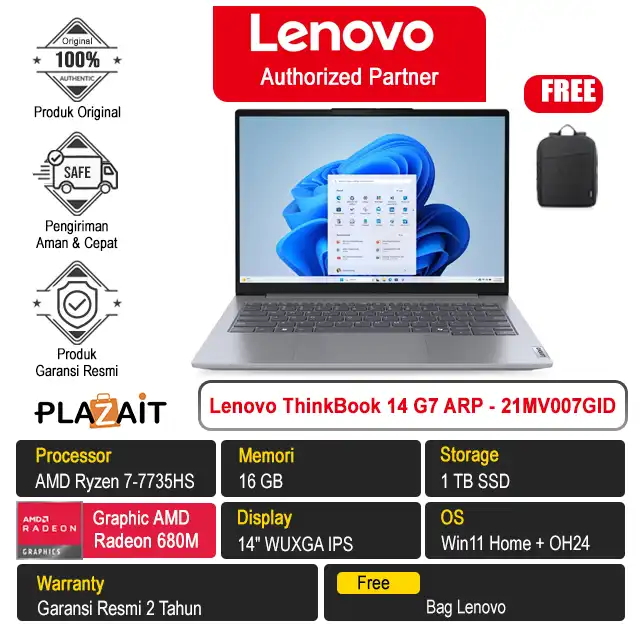 Lenovo ThinkBook 14 G7 ARP 7GID /AMD Ryzen 7-7735HS/16GB/1TB SSD/AMD Radeon Graphics/14" WUXGA/Win 11 Home+OH24/Arctic Grey/2Y