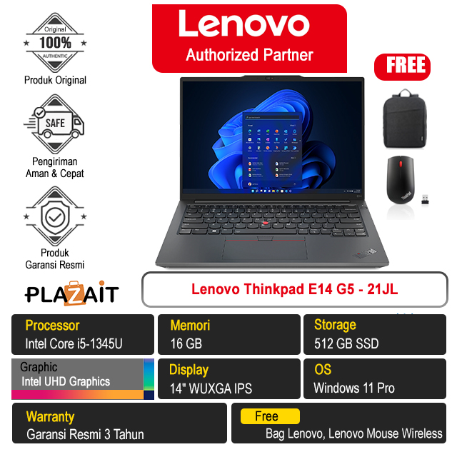 Lenovo Thinkpad E14 G5 - 21JL /Intel Core i5-1345U/16GB/512GB SSD/Intel UHD Graphics/14" WUXGA IPS/Win 11 Pro/Black/3Y