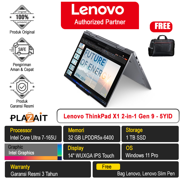 Lenovo ThinkPad X1 2-in-1 Gen 9 - 21KE005YID /Intel Core Ultra 7-165U/32GB/1TB SSD/Intel Graphics/14" WUXGA IPS Touch/Win 11 Pro/Grey/3Y