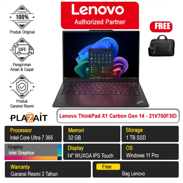 Lenovo ThinkPad X1 Carbon Gen 14 Aura Edition - 21V700F3ID /Intel Core Ultra 7-365/32GB/1TB SSD/Intel Graphics/14" WUXGA Touch/Win 11 Pro/Black/3Y