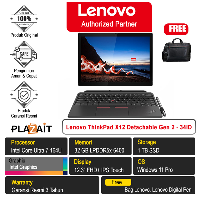 Lenovo ThinkPad X12 Detachable Gen 2 - 21LK0034ID /Intel Core Ultra 7-164U/32GB/1TB SSD/Intel Graphics/12.3" FHD+ Touch/Win 11 Pro/Black/3Y
