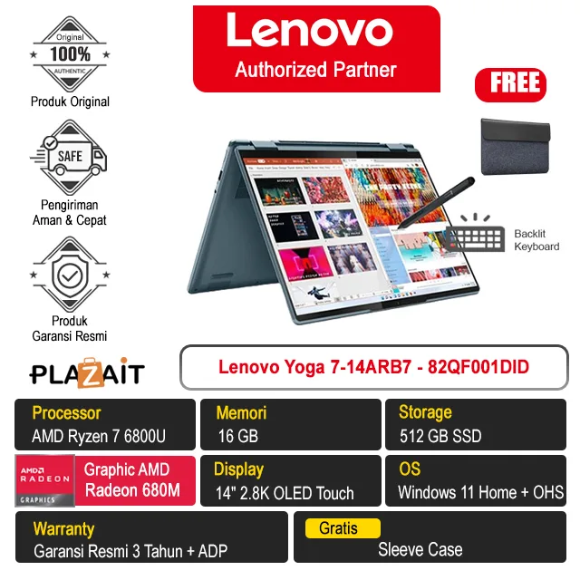 Lenovo Yoga 7-14ARB7 - 82QF001DID /AMD Ryzen 7-6800U/16GB/512GB SSD/14″ 2.8K OLED Touch/Win 11 Home+OHS 2021/Stone Blue/3Y