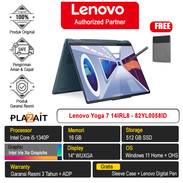 Lenovo Yoga 7 14IRL8 - 82YL0058ID /Intel Core i5-1340P/16GB/512GB SSD/Intel Iris Xe Graphics/14″ WUXGA OLED Touch/Win 11 Home+OHS 2021/Tidal Teal/3Y