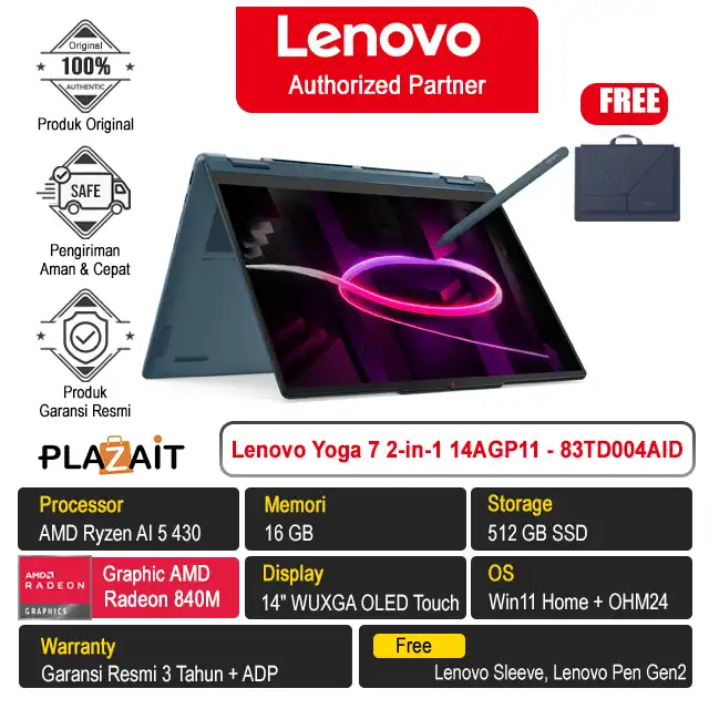 Lenovo Yoga 7 2-in-1 14AGP11 - 83TD004AID /AMD Ryzen AI 5-430/16GB/512GB SSD/AMD Radeon Graphics/14" WUXGA OLED Touch/Win 11 Home+OH24+M365/Tidal Teal/3Y