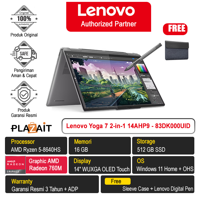 Lenovo Yoga 7 2-in-1 14AHP9 - 83DK000UID /AMD Ryzen 5-8640HS/16GB/512GB SSD/AMD Radeon 760M Graphics/14″ WUXGA OLED Touch/Win 11 Home+OHS 2021/Arctic Grey/3Y