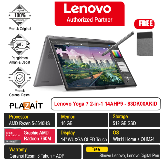Lenovo Yoga 7 2-in-1 14AHP9 - 83DK00AKID /AMD Ryzen 5-8640HS/16GB/512GB SSD/AMD Radeon 760M Graphics/14″ WUXGA OLED Touch/Win 11 Home+OH24+M365/Arctic Grey/3Y