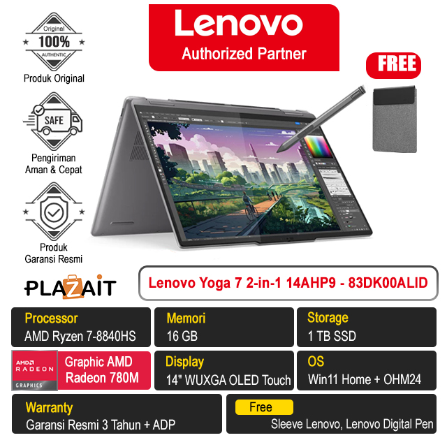 Lenovo Yoga 7 2-in-1 14AHP9 - 83DK00ALID /AMD Ryzen 7-8840HS/16GB/1TB SSD/AMD Radeon 780M Graphics/14″ WUXGA OLED Touch/Win 11 Home+OH24+M365/Arctic Grey/3Y