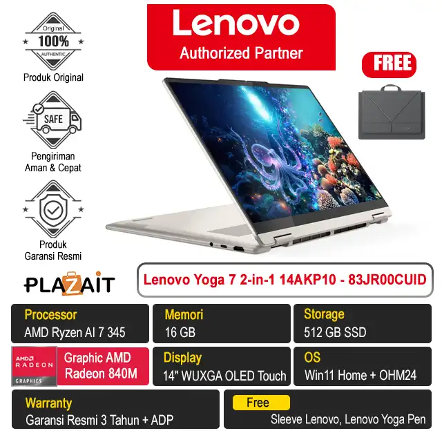 Lenovo Yoga 7 2-in-1 14AKP10 - 83JR00CUID /AMD Ryzen AI 7-345/16GB/512GB SSD/AMD Radeon Graphics/14" WUXGA OLED Touch/Win 11 Home+OH24+M365/Seashell/3Y