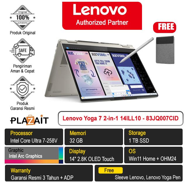 Lenovo Yoga 7 2-in-1 14ILL10 - 83JQ007CID /Intel Core Ultra 7-258V/32GB/1TB SSD/Intel Arc Graphics/14" 2.8K OLED Touch/Win 11 Home+OH24+M365/Seashell/3Y