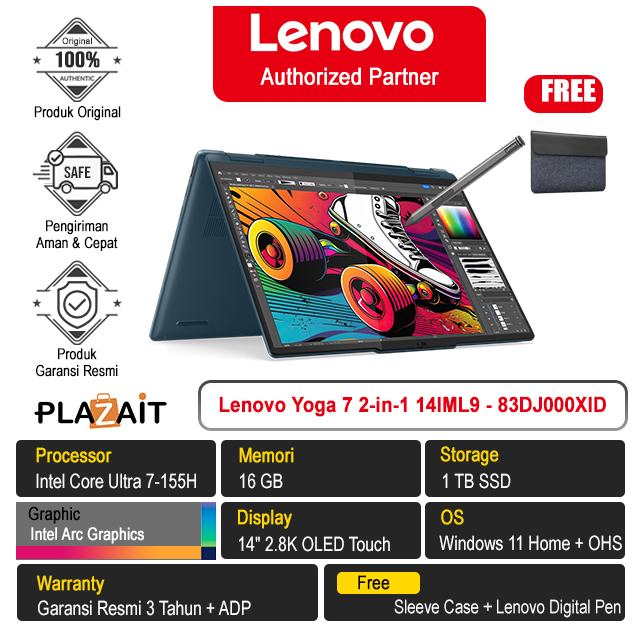 Lenovo Yoga 7 2-in-1 14IML9 - 83DJ000XID /Intel Core Ultra 7-155H/16GB/1TB SSD/Intel Arc Graphics/14″ 2.8K OLED Touch/Win 11 Home+OHS 2021/Tidal Teal/3Y