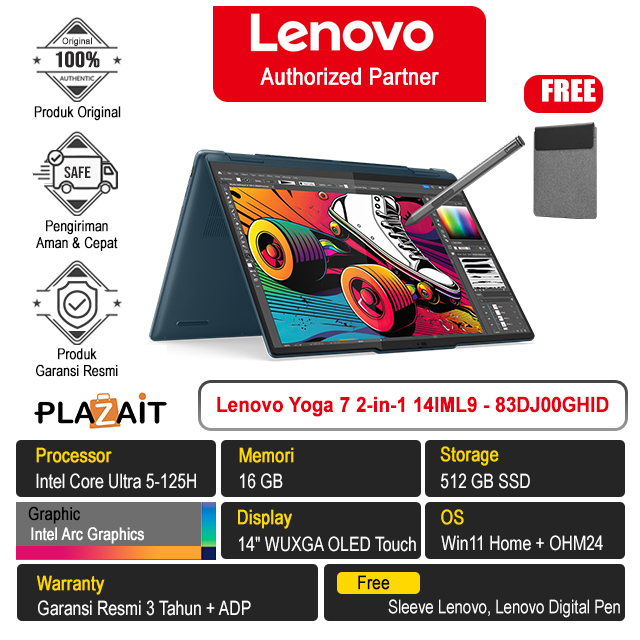 Lenovo Yoga 7 2-in-1 14IML9 - 83DJ00GHID /Intel Core Ultra 5-125H/16GB/512GB SSD/Intel Arc Graphics/14" WUXGA OLED Touch/Win 11 Home+OH24+M365/Tidal Teal/3Y