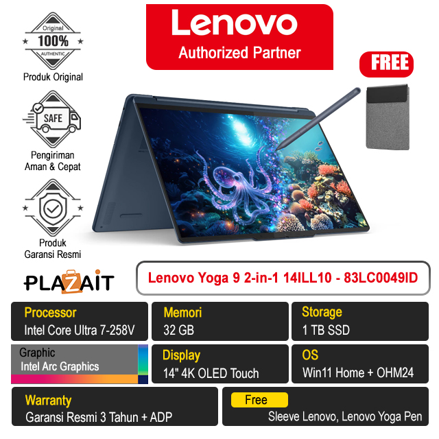 Lenovo Yoga 9 2-in-1 14ILL10 - 83LC0049ID /Intel Core Ultra 7-258V/32GB/1TB SSD/Intel Arc Graphics/14" 4K OLED Touch/Win 11 Home+OH24+M365/Cosmic Blue/3Y